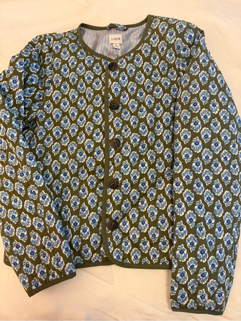 J. Crew Women’s Olive Green Floral Blockprint Lined and Quilted Jacket